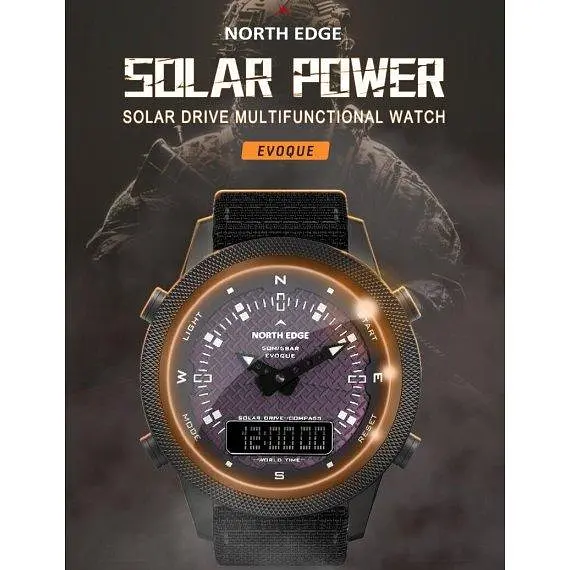 Чоловічий водостійкий тактичний наручний годинник North Edge Solar Compass (Чорний) - фото 6