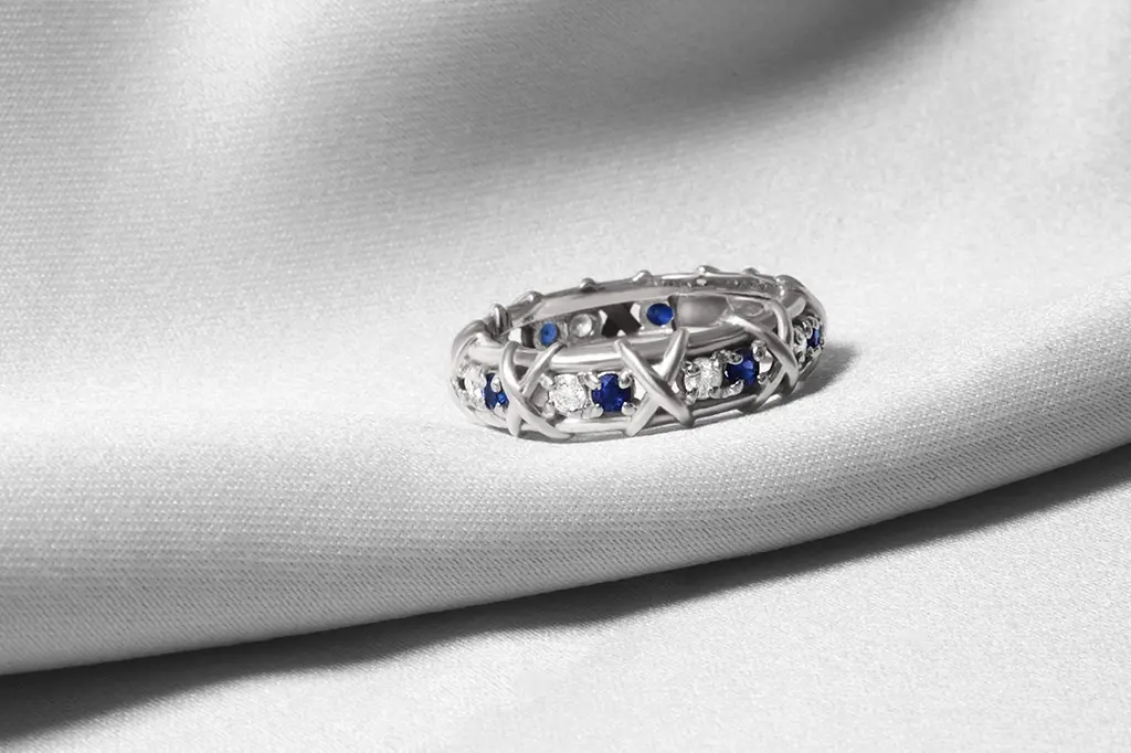 Каблучка з білого золота з сапфірами та діамантами K-0398 18 - фото 3