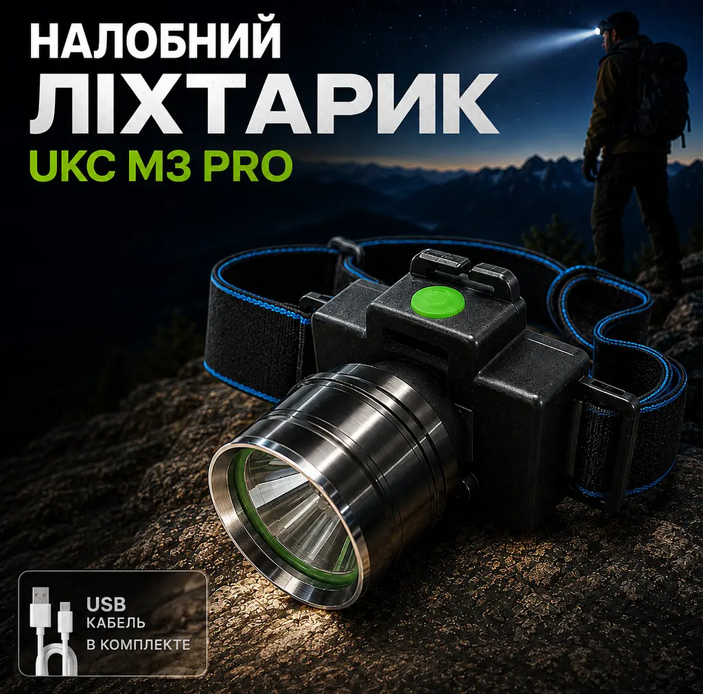 Налобний ліхтарик UKC M3 Pro, світлодіодний ліхтар із зарядкою Type-C, led-ліхтарик на голову - фото 2