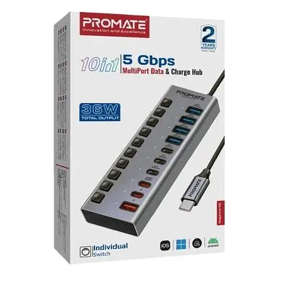 Концентратор Promate USB-C 10-in-1 5xUSB-C + 5xUSB gray (gegahub-5g) - фото 6