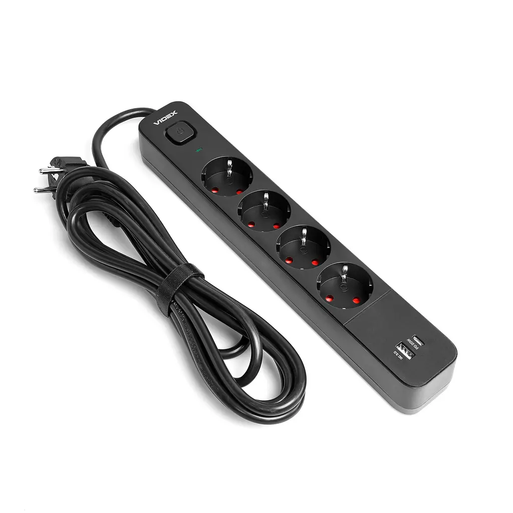 Мережевий подовжувач VIDEX ONCORD з/з 4п 3м (3x1.5мм) 3.4А USB(QC3.0) +USB-C(PD20W) з кнопкою Black VIDEX (27696-000) - фото 2