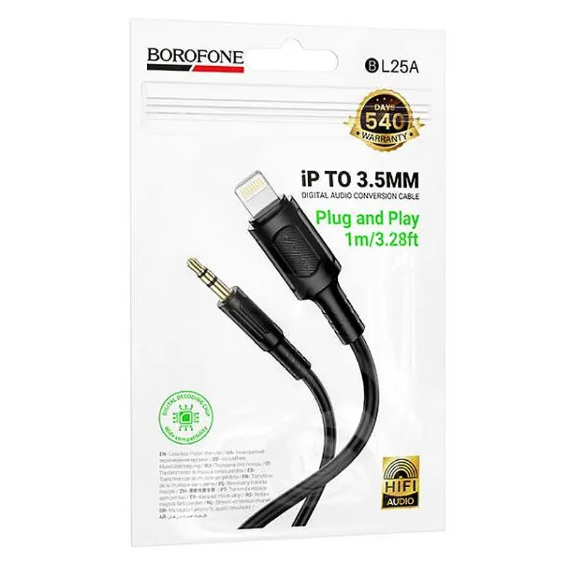 Аудіо кабель Aux Borofone BL25A Nice (Lightning to AUX 3.5mm) (1m) Black - фото 3
