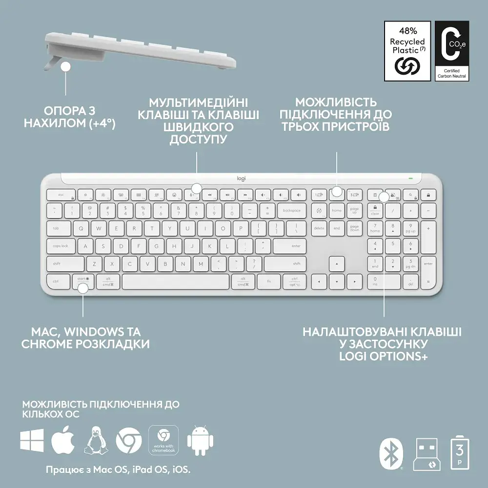 Комплект (клавіатура, миша) бездротовий Logitech Signature Slim Combo MK950 OffWhite (920-012491) - фото 9