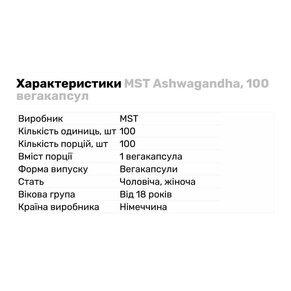 Натуральна добавка MST Ashwagandha 100 вегакапсул - фото 2