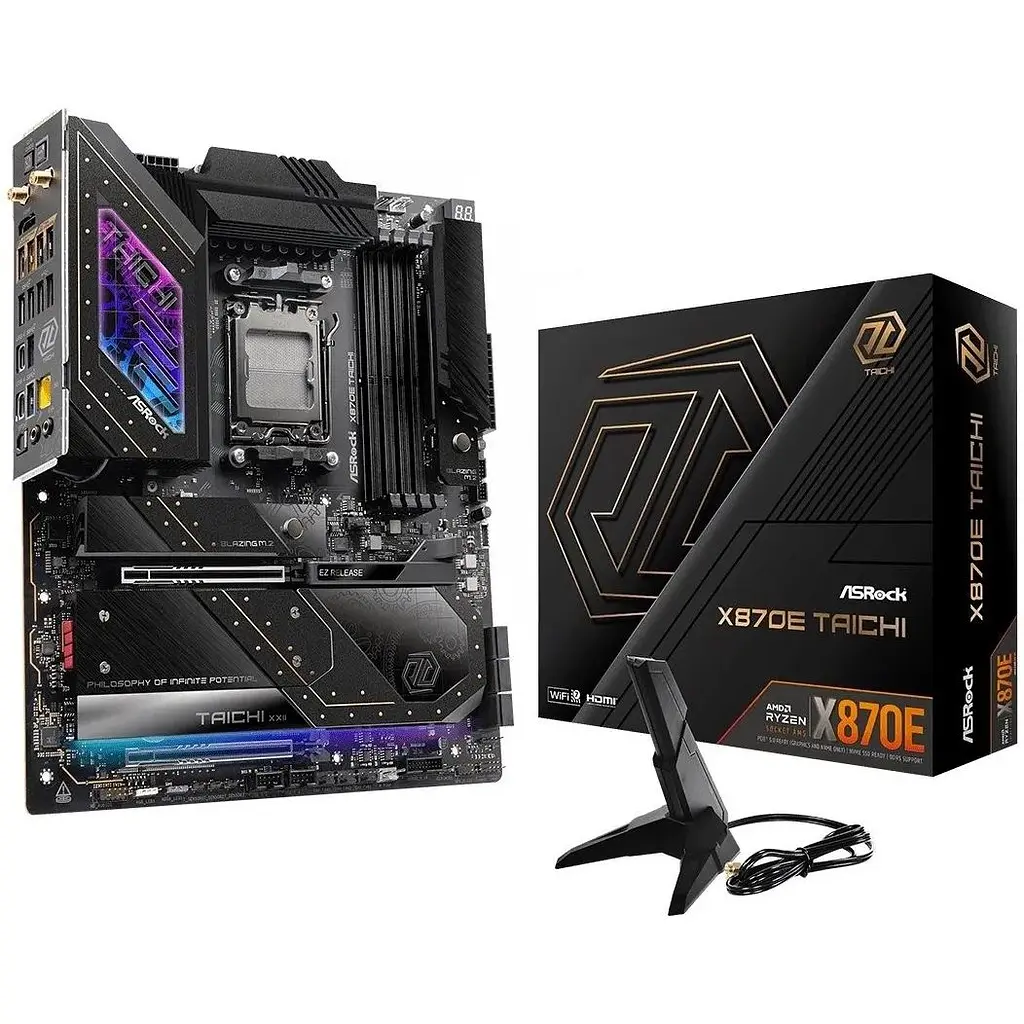 Материнская плата ASRock AM5 X870E Taichi, X870E, 4xDDR5, Int.Video (CPU), 6xSATA3, 4xM.2, 2xPCI-E 5.0 16x, ALC4082 + SABRE9219, RTL8126, WiFi 7, Bluetooth 5.4, 12xUSB3.2/6xUSB2.0, HDMI/3xType C, CrossFire, EATX - фото 2