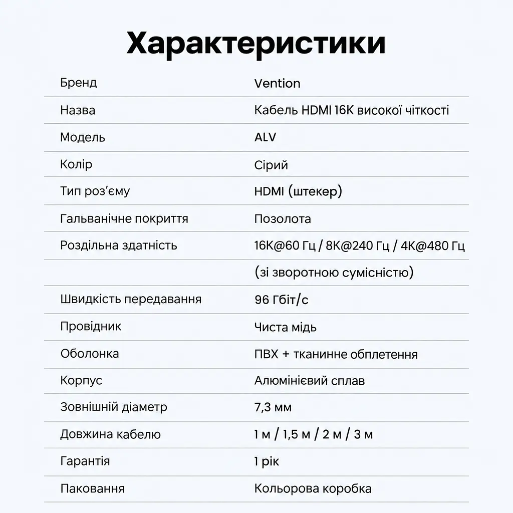 Кабель HDMI Vention ALVHF 2.2 16K 60 Гц 1 м сірий (ALVHF) - фото 7