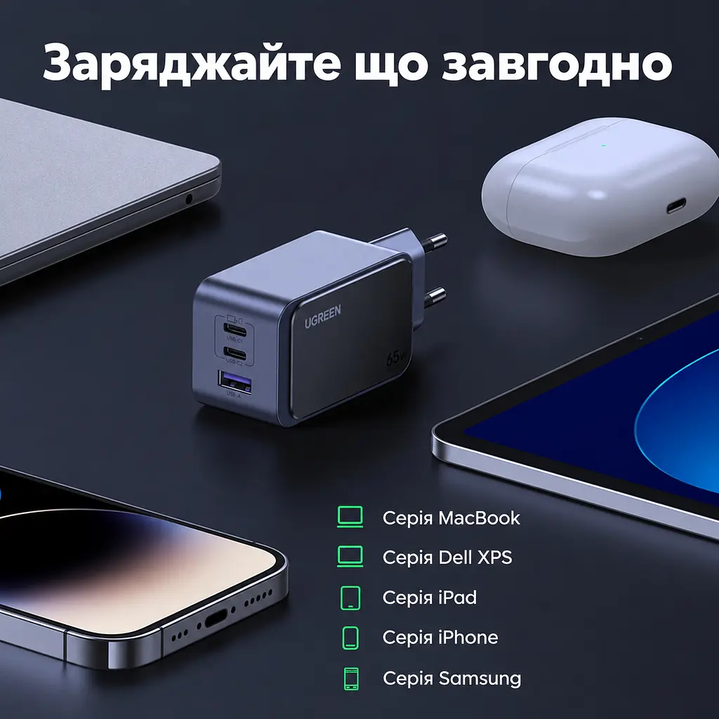 Мережевий зарядний пристрій UGREEN X553 до 65 Вт 2 USB-C + USB-A PD 3.0 QC 4.0+ PPS (35042) - фото 7
