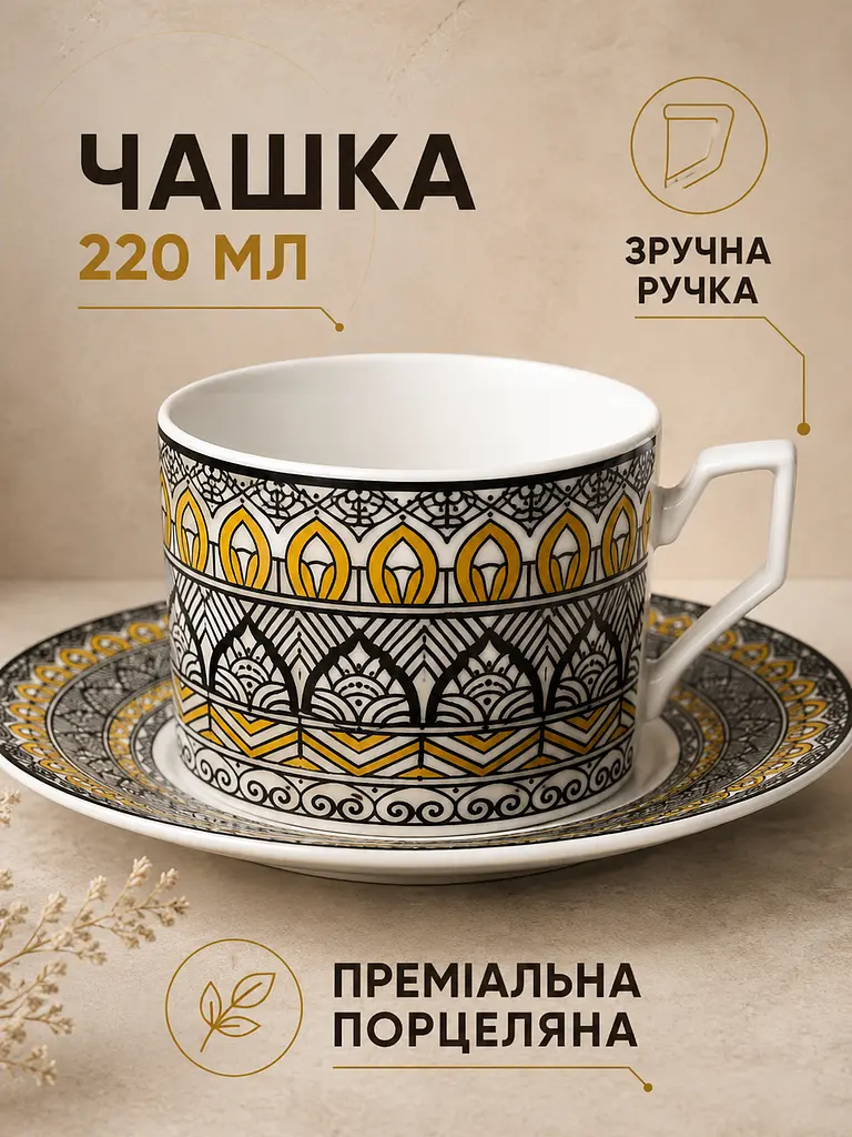 Чайний сервіз фарфоровий на 6 персон 12 предметів, чашки 220 мл, блюдця Ø14 см (49676223) - фото 4