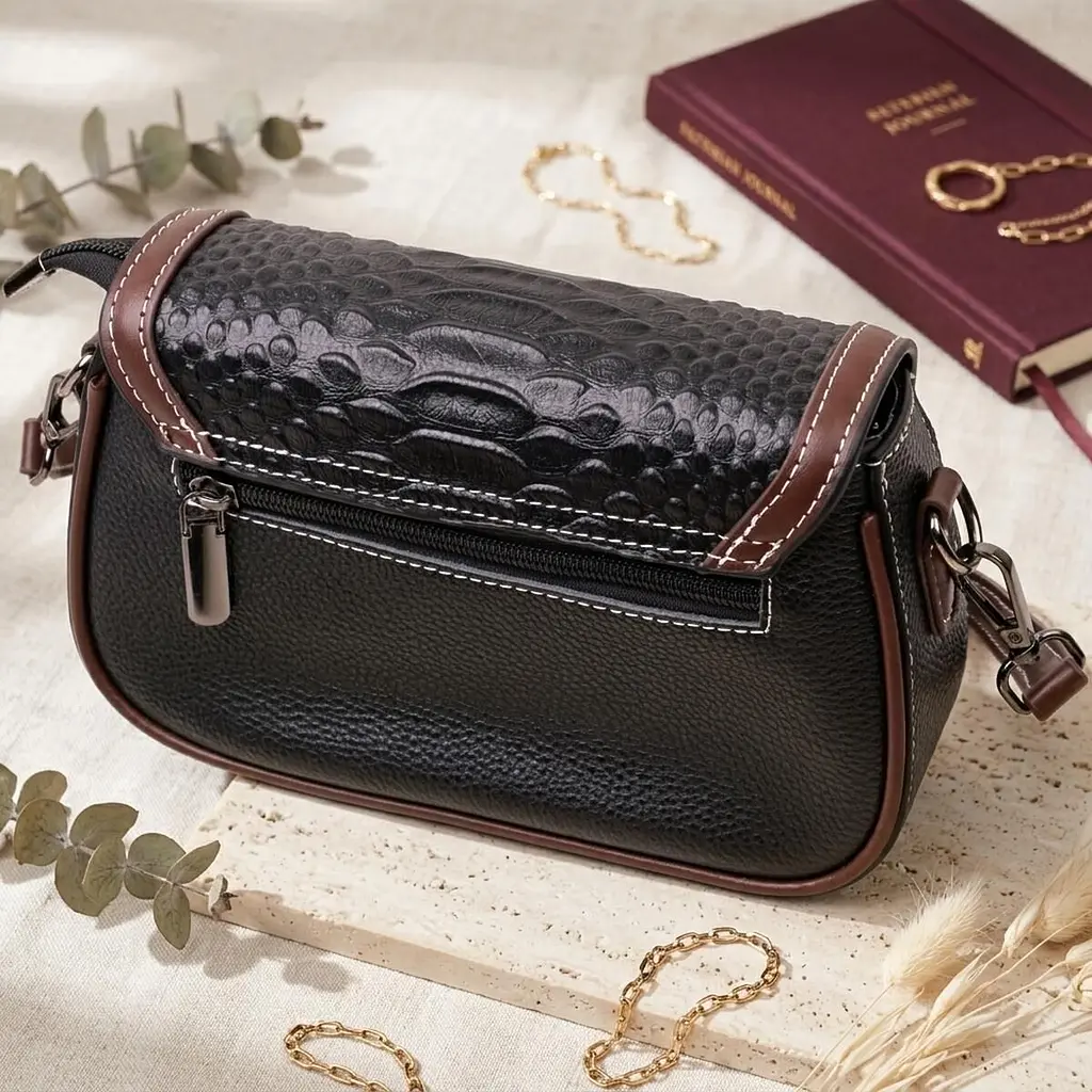 Стильна сумка для жінок з фактурним клапаном із натуральної шкіри Vintage 22374 чорна - фото 10
