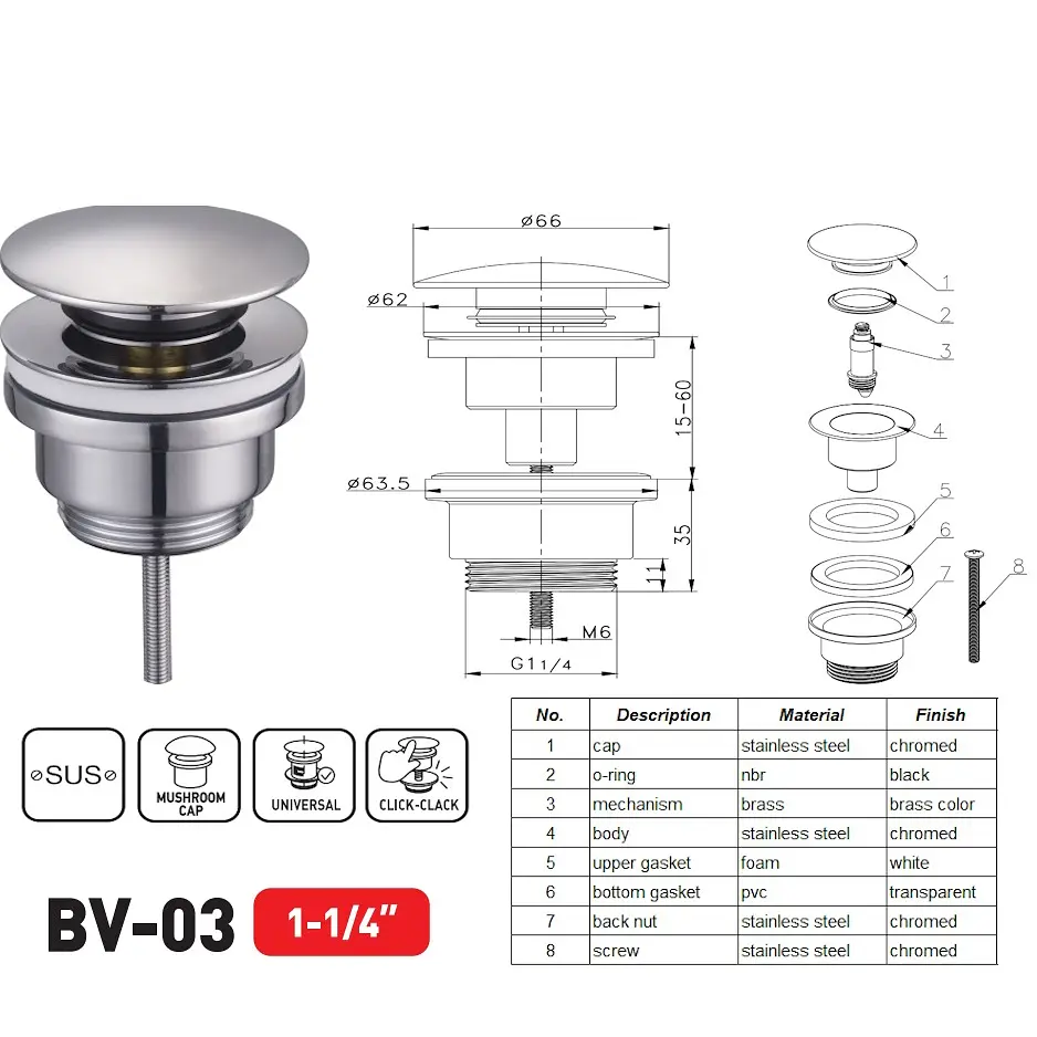 Донний клапан для раковини Zerix BV-03 універсальний Click-Clack 1 1/4″ ZX6019 - фото 5
