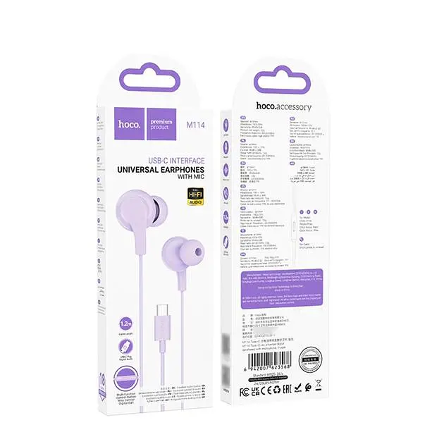 Проводные вакуумные наушники Hoco M114 с микрофоном, Type-C, 1.2m, purple - фото 4