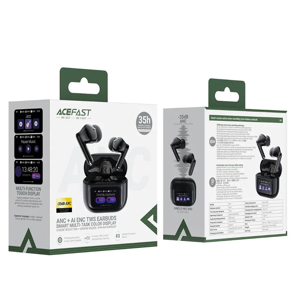 Бездротові навушники Acefast W6 smart screen active noise cancelling true wireless earbuds Black (6974316285687) - фото 2