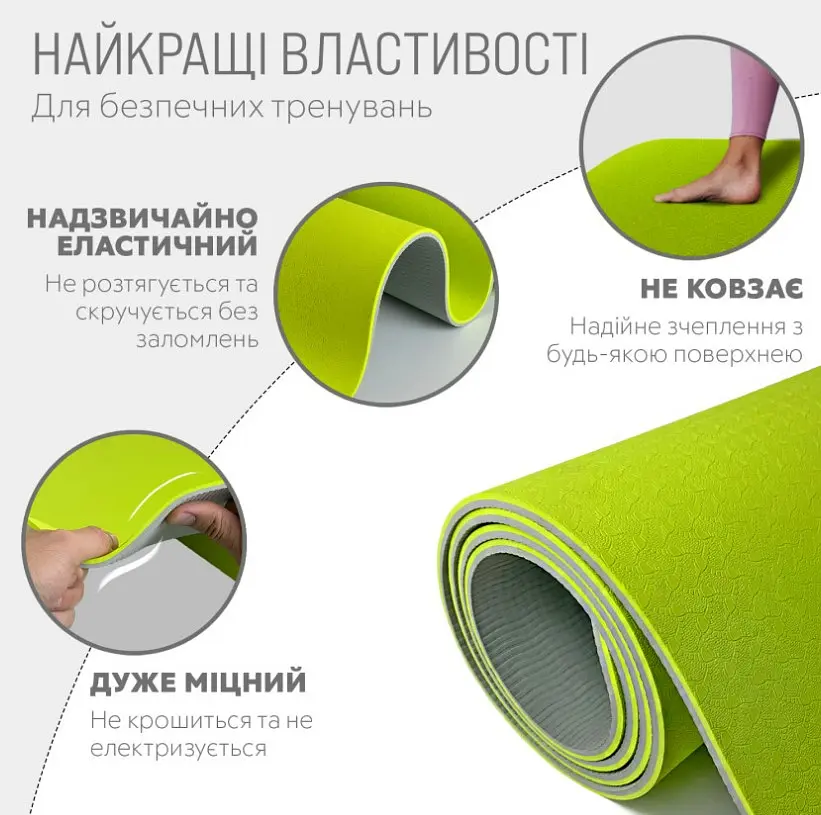 Килимок для йоги та фітнесу EasyFit TPE+TC 6 мм двошаровий, лимонний-сірий + Чохол (EF-1924s-LGGY) - фото 3