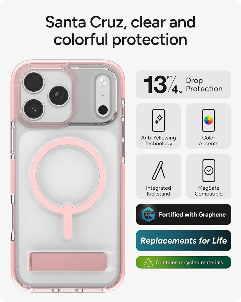 Чохол протиударний для iPhone 17 Pro Max ZAGG Gear4 Santa Cruz MagSafe KS Clear Case Прозорий з підставкою Рожевий - фото 2