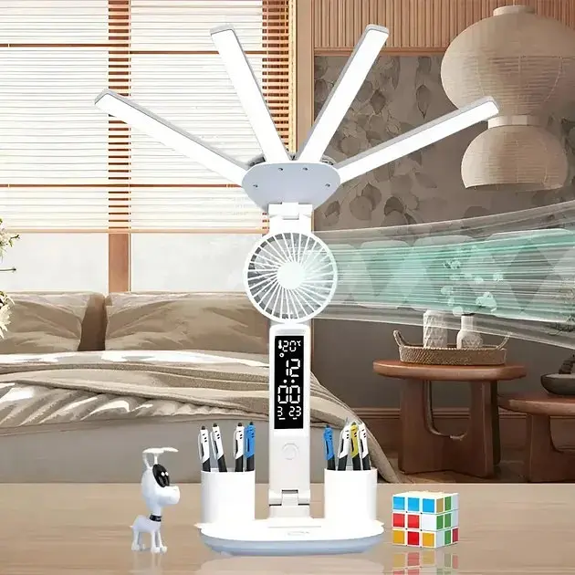 Настільна LED-лампа KRX-1011 з вентилятором, годинником і підставкою - фото 4