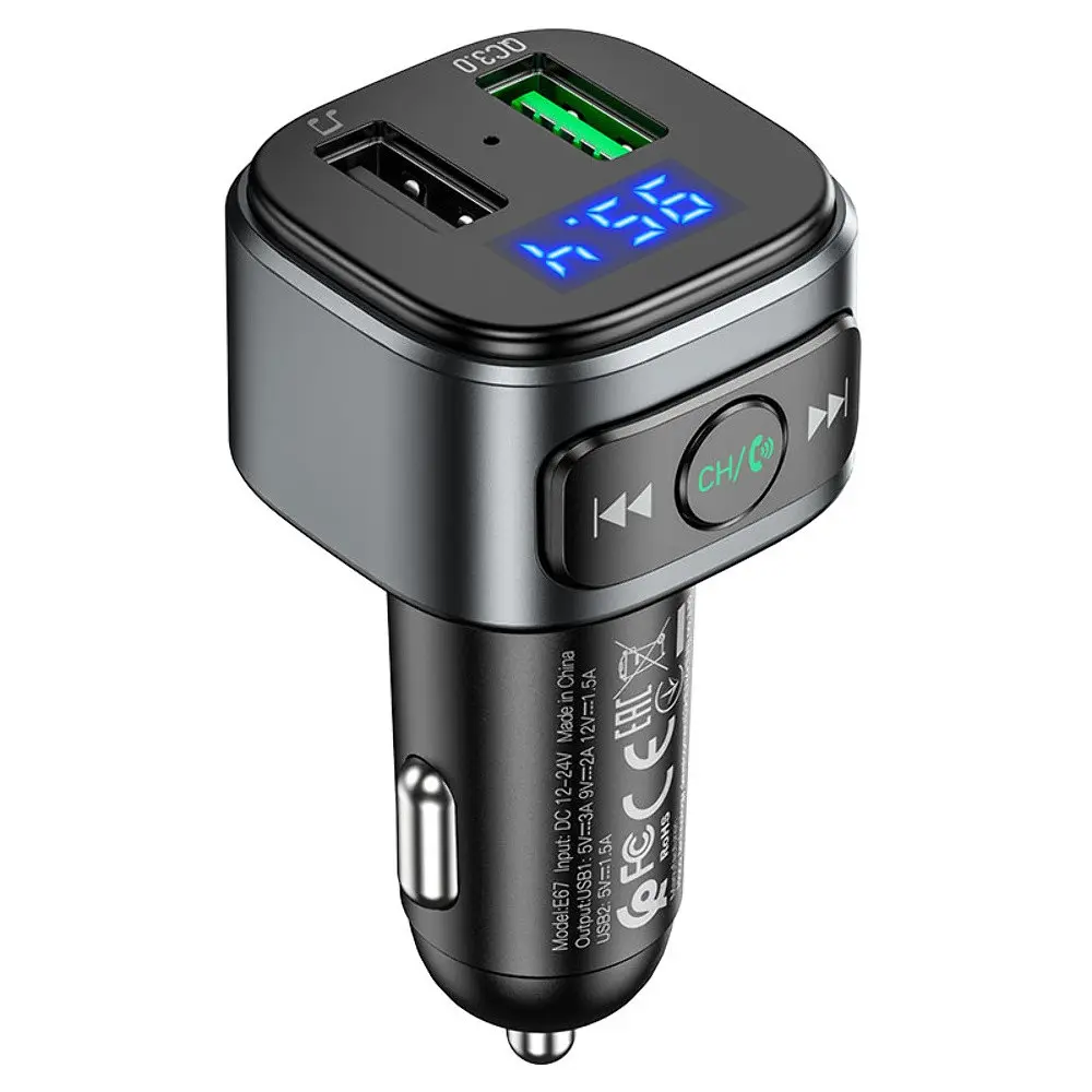 Автомобільний зарядний пристрій Hoco E67 2 USB QC 18W з FM-модулятором сріблясто-чорне - фото 3