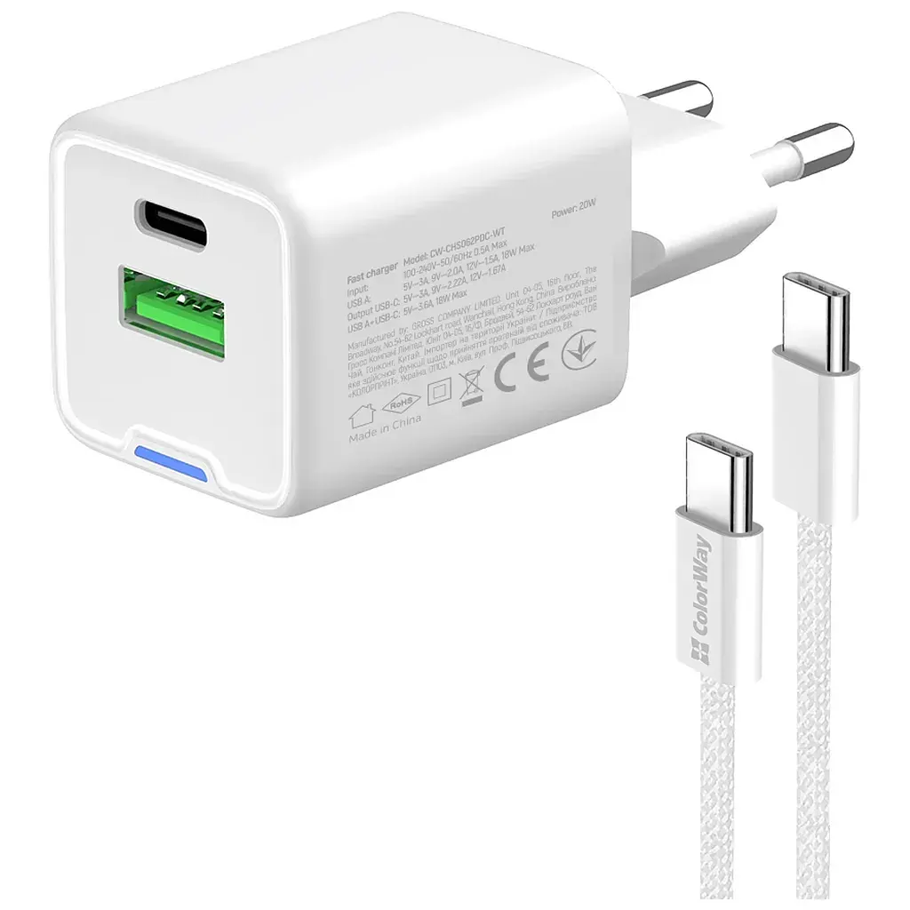 Зарядний пристрій ColorWay C101A GaN Mini 20W PD PPS USB-C + USB-A QC4.0 + cable USB-C to USB-C black (CW-CHS062PDC-WT) - фото 5