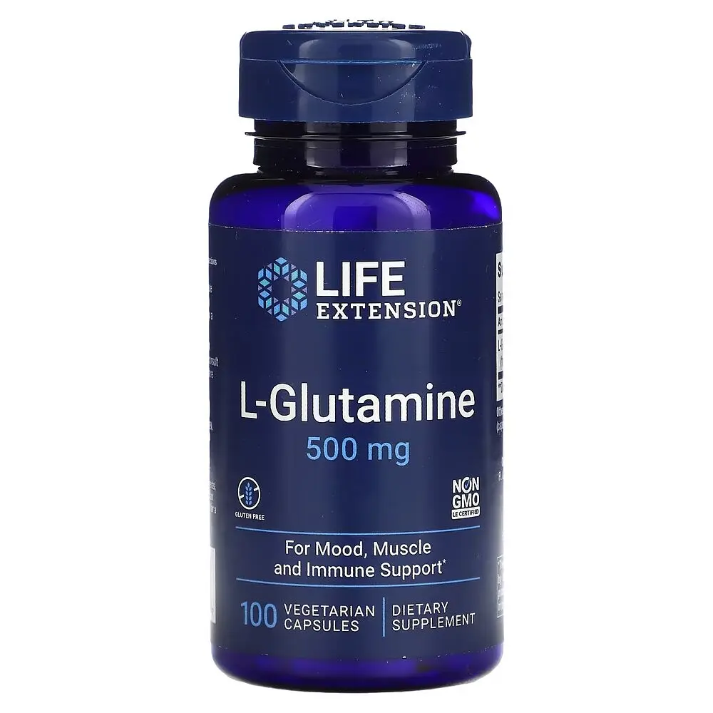 L-глютамін Life Extension L-Glutamine 500 mg, 100 вегакапсул для підтримки м'язів, кишківника, імунної системи