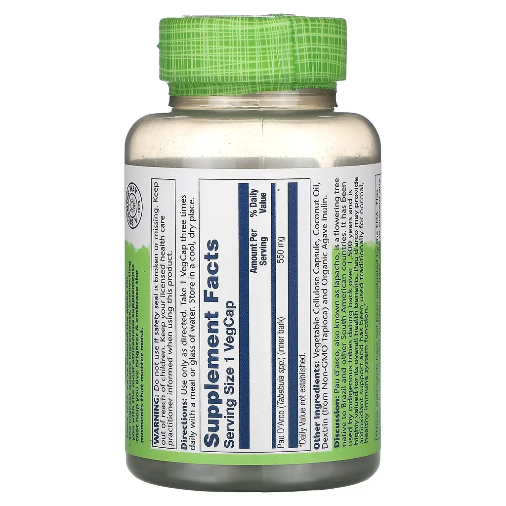 Кора мурашиного дерева (Pau D'Arco) Pau D'Arco 550 mg 100 капсул Solaray vit0005593 - фото 2