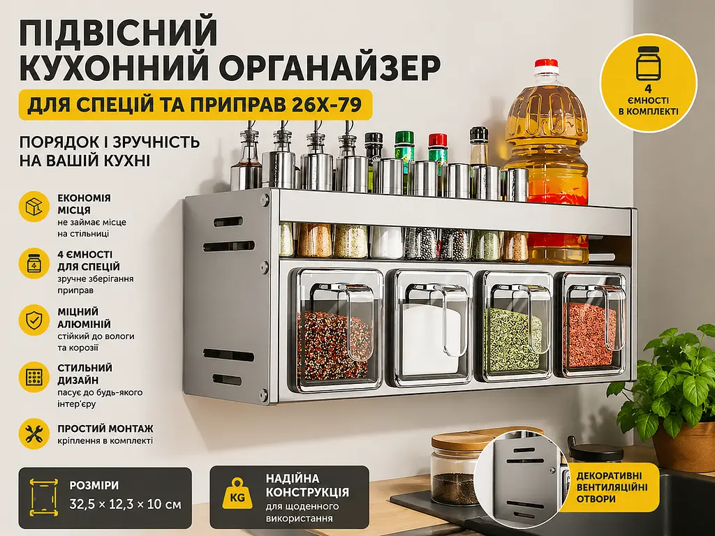 Підвісний кухонний органайзер для спецій 26X-79 настінний Полиця для спецій і приправ 26X-79 з 4 ємностями для кухні - фото 4
