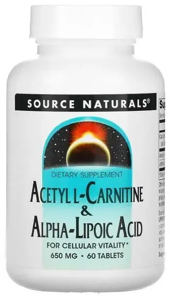 Ацетил карнітин + альфа-ліпоєва кислота Source Naturals Acetyl L-Carnitine & Alpha Lipoic Acid 650 мг 60 таб
