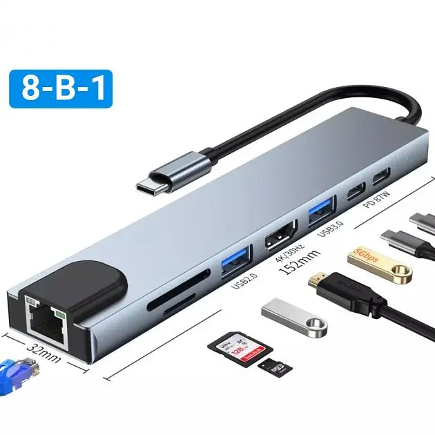 Хаб концентратор 8 до 1 USB Type-C перехідник HDMI SD TF RJ45  - фото 3