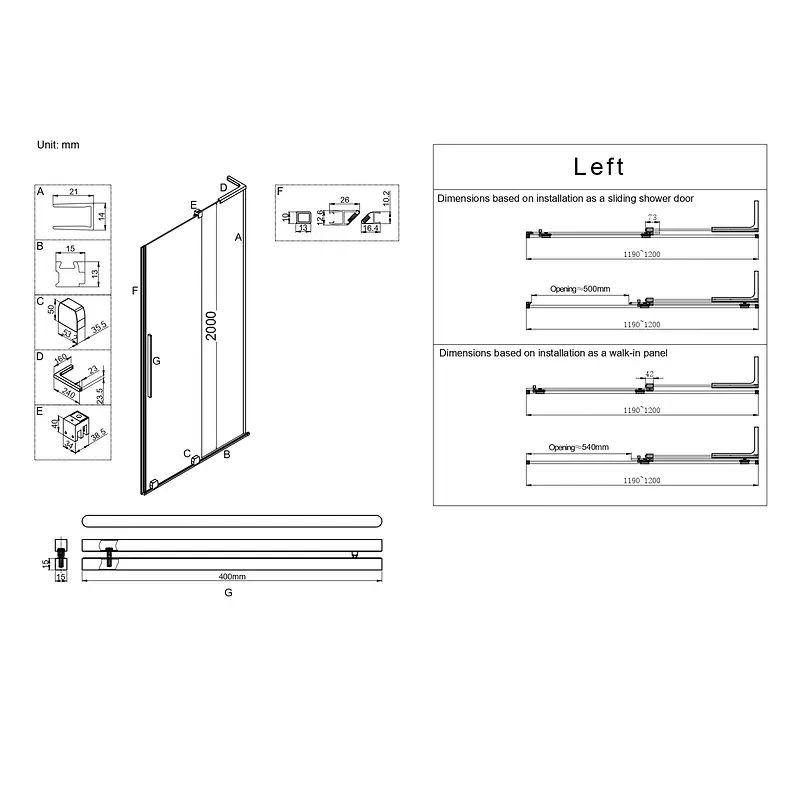 Двері у нішу Koer Walk-In розсувні Sr SD07-120x200-L-TR-07 прозоре скло Easy Clean 8мм Графіт KR5688, Ліва, прозорий, графіт - фото 7