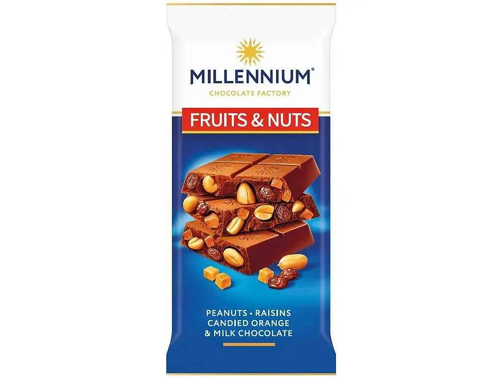 Шоколад молочний MILLENNIUM 90г Fruits&Nuts з арахісом, цукатами, родз., та мигдалем 90г
