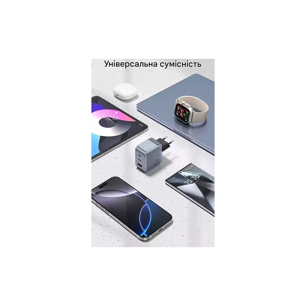Зарядний пристрій Vention 1xUSB-C PD 70 Вт + 1xUSB QC 3.0 22.5 Вт GaN + кабель USB-C — USB-C 1.0 м 5 А сірий (TZ-FCGH0-EU) - фото 4