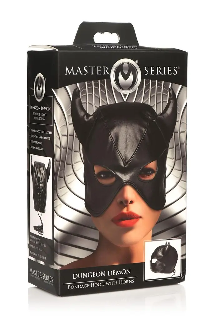 Маска Master Series Dungeon Demon Bondage Mask with Horns - Black - фото 8