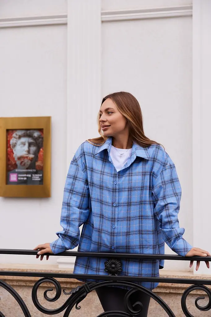 Женская рубашка для беременных стиля oversize в клетку для будущих мам Siena S - М (42 - 44) Lullababe голубой - фото 7