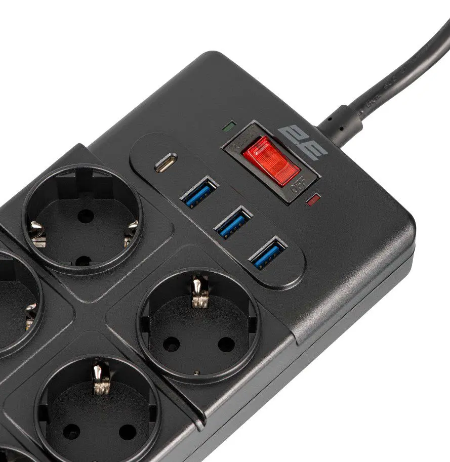 Сетевой фильтр-удлинитель 2E SP-10M-3USB-BK 3м, 10xТипF, 16A, 3xUSB-A, 1xUSB-C - фото 4
