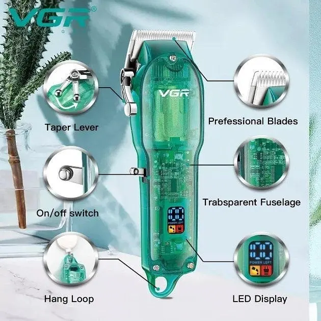 Професійна машинка для стрижки V-660 Professional Clipper Transparent Green • Акумуляторна машинка для волосся VGR V-660 - фото 6