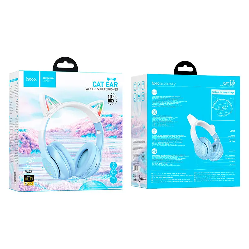 Беспроводные полноразмерные наушники Hoco W42 Cat Ear с подсветкой, BT5.3, AUX, TF, 400mAh, 10h, синие - фото 3