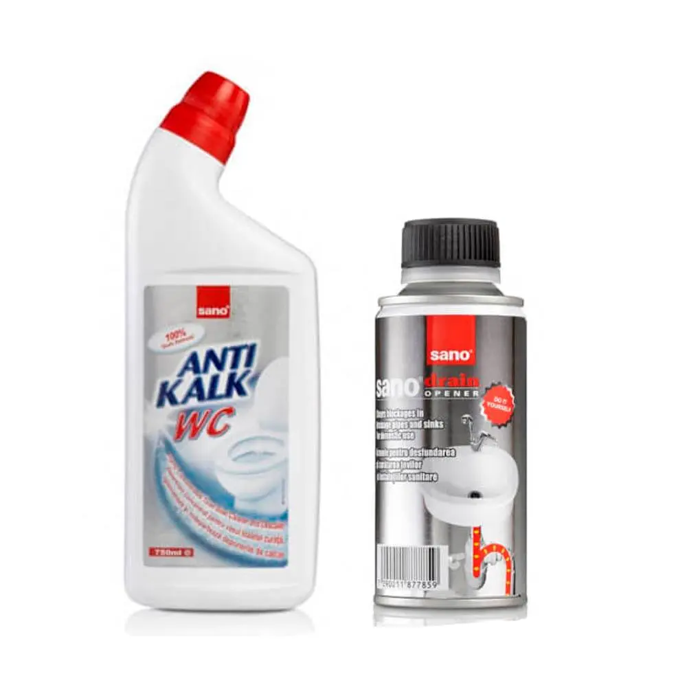 Засіб для чищення унітазів Sano Anti Kalk WC 750 мл & Засіб для прочищення каналізаційних труб Sano Drain 200г (287621, 877859)