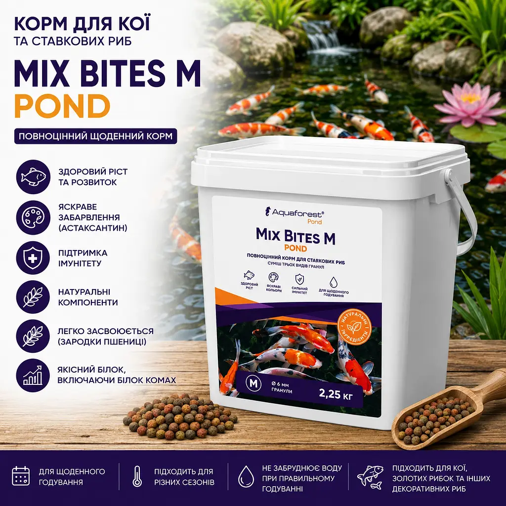 Корм для кої та ставкових риб 6мм Aquaforest Mix Bites M POND 2.25 кг - фото 2