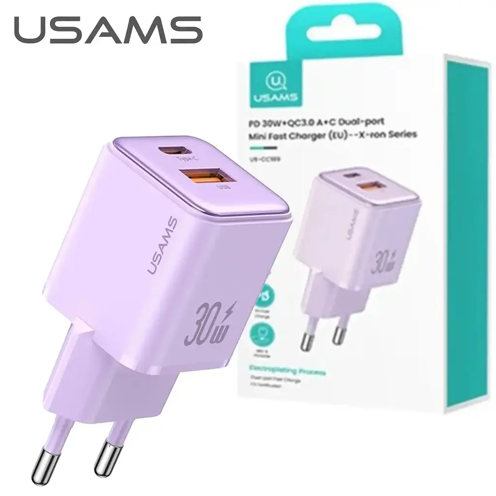 Мережевий зарядний пристрій Usams 30W Quick Charge 3.0 з швидкісною зарядкою (EU-вилка) Фіолетовий (6958444904979) - фото 2