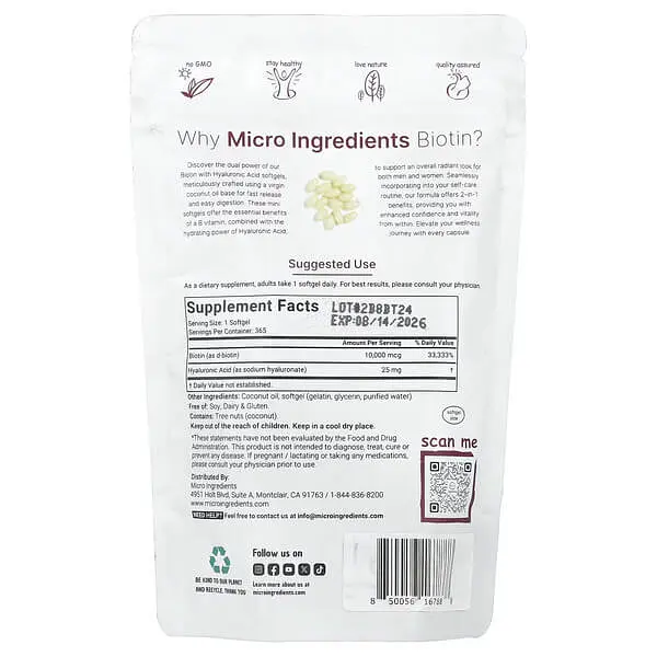Біотин (B-7) Biotin with Hyaluronic Acid 365 Softgels Micro Ingredients vit0006482 - фото 2