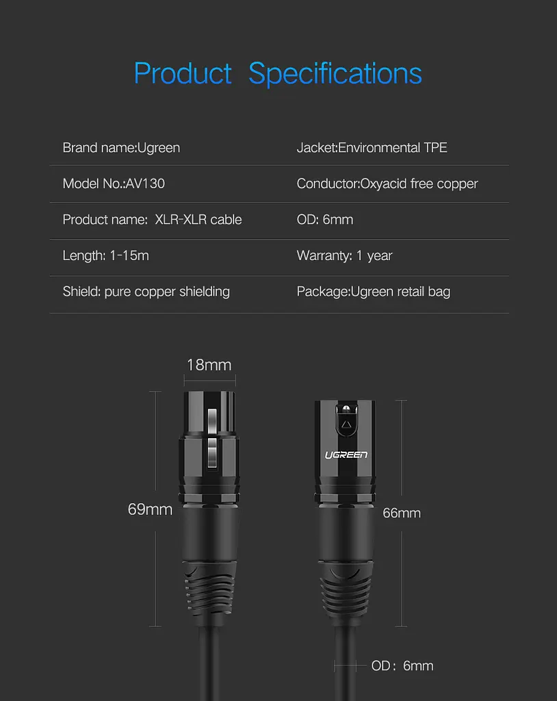 Мікрофонний кабель Ugreen AV130 XLR Male to Female Microphone Cable (Чорний, 2м) - фото 9