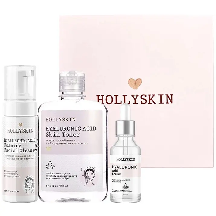 Набір косметики для обличчя Hollyskin Hyaluronic Acid Basic Care: Сироватка 30 мл + Тонік 250 мл + Очищаюча пінка 150 мл - фото 2