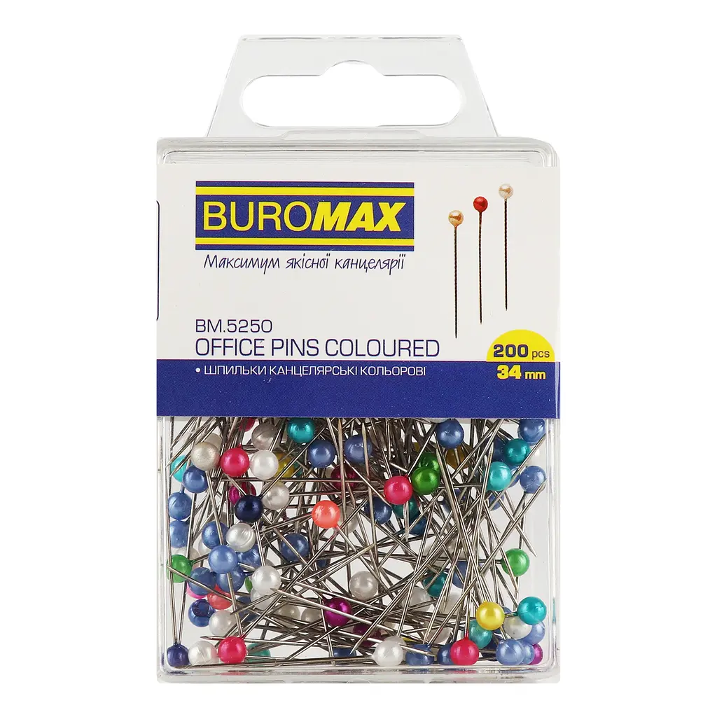 Булавки канцелярские Buromax цветные в пластиковом контейнере 34 мм 200 шт. (BM.5250) - фото 2