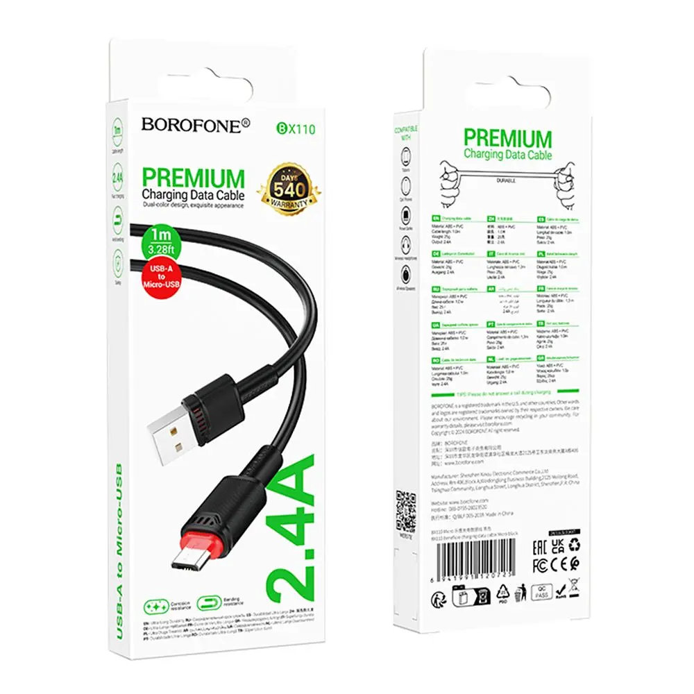 Кабель синхронізації Borofone BX110 Premium 2.4A USB to MicroUSB 1м Black (37240_3611056) - фото 3