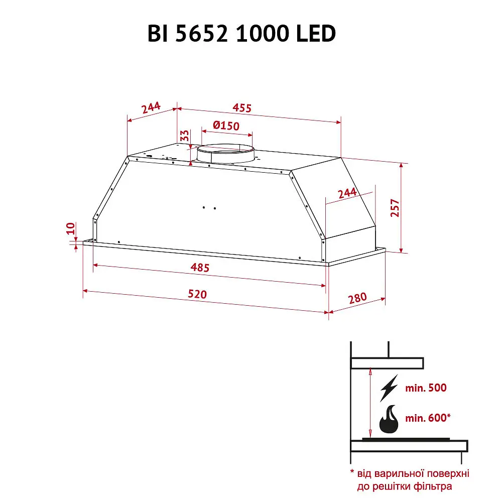 Витяжка повновбудована PERFELLI BI 5652 BL 1000 LED - фото 12