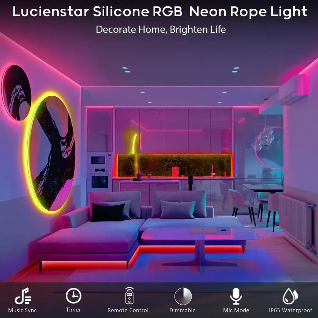 Светодиодная лента Lucienstar Led Neon Rope Lights - 5M Flexible Led Neon Rope Lights Control с пультом дистанционного управления - фото 2