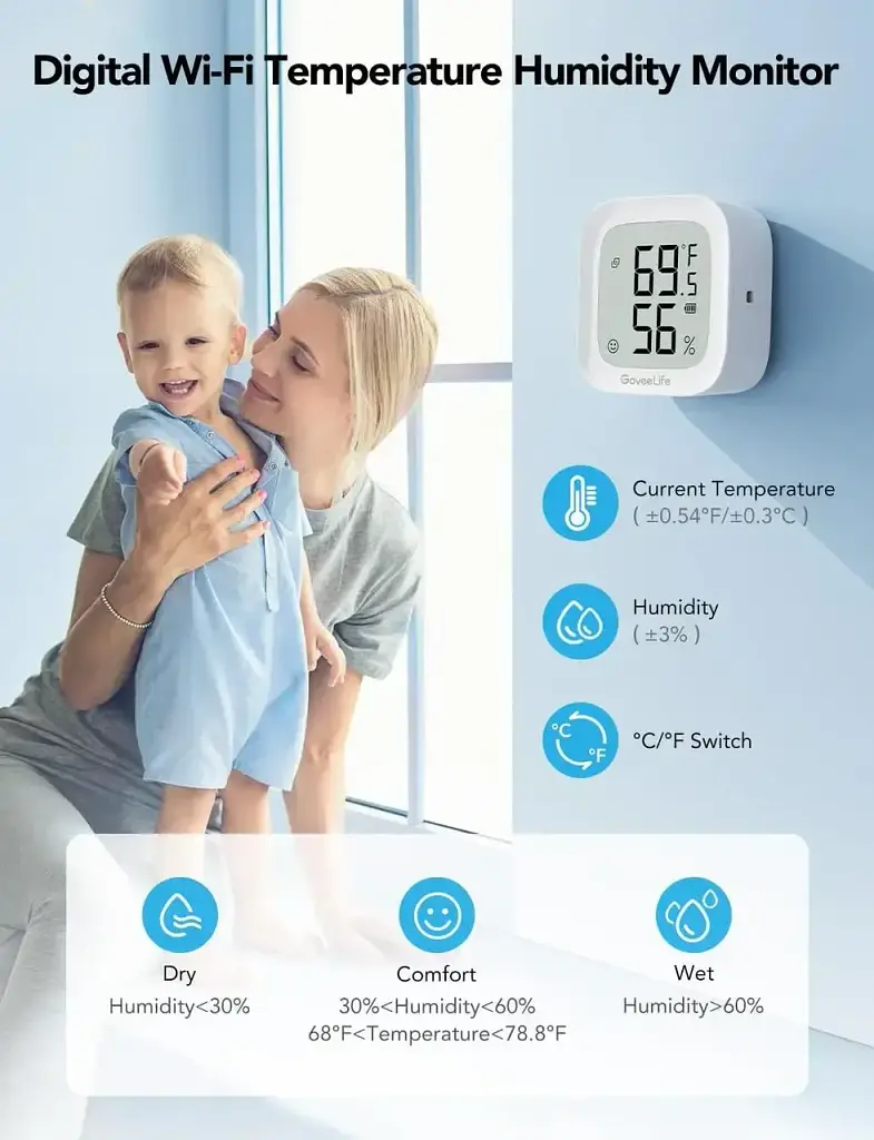 Термометр-гігрометр з дисплеєм GoveeLife H5103 WiFi Bluetooth, точний датчик температури та вологості, додаток Govee Home - фото 2