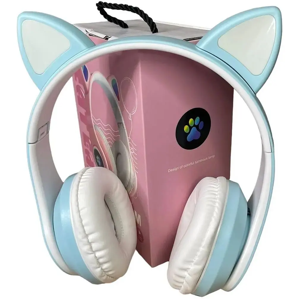Навушники бездротові Opt-Top Cat ear В39М FM-радіо MicroSD Bluetooth з вушками та підсвічуванням блакитні (1756375771) - фото 6