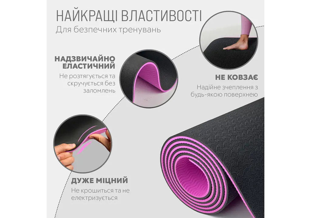 Килимок для йоги та фітнесу EasyFit TPE+TC 6 мм двошаровий + Чохол чорний з фіолетовим (EF-1924s-BV) - фото 3