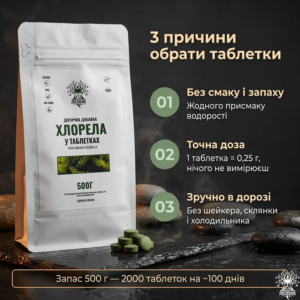 Хлорела Лісовик хлорофіл і рослинний білок 2000 таблеток - фото 2