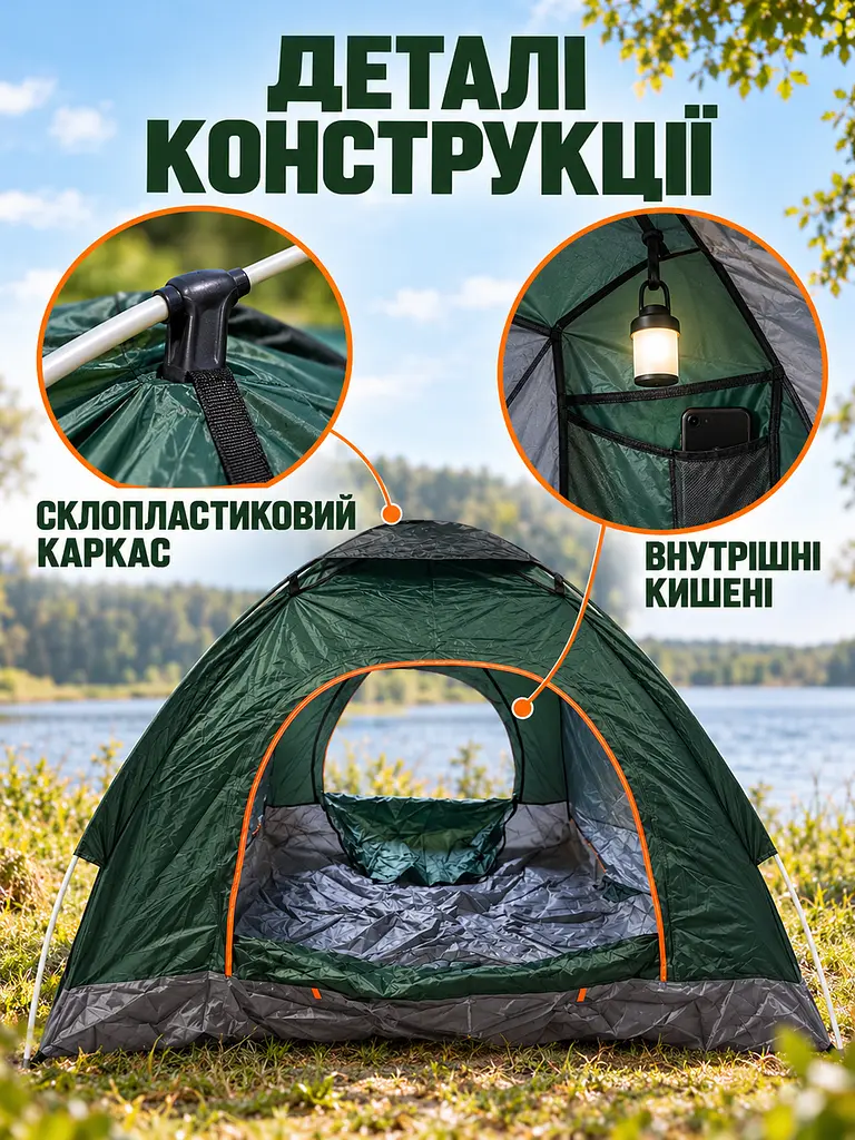 Намет автоматичний 4-місний 200×200×145 см з москітною сіткою для кемпінгу та риболовлі, зелений (49676379) - фото 6