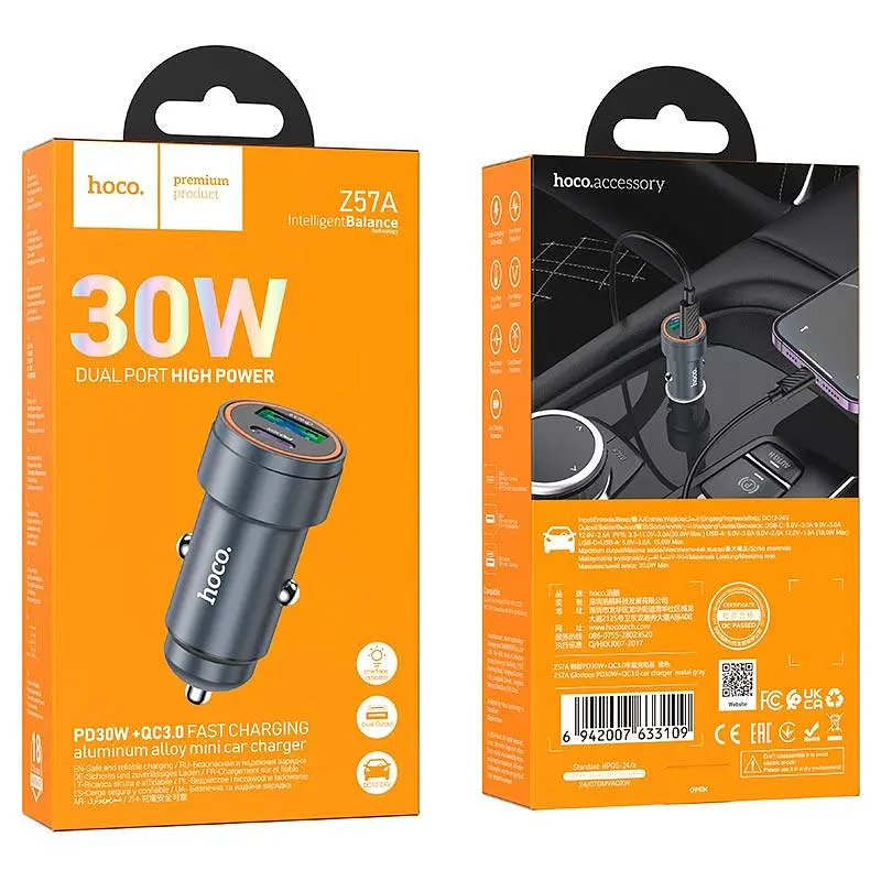 Адаптер автомобільний Hoco Glorious Car charger Z57A |1USB/1Type-C, 30W/3A, PD/QC| - фото 2